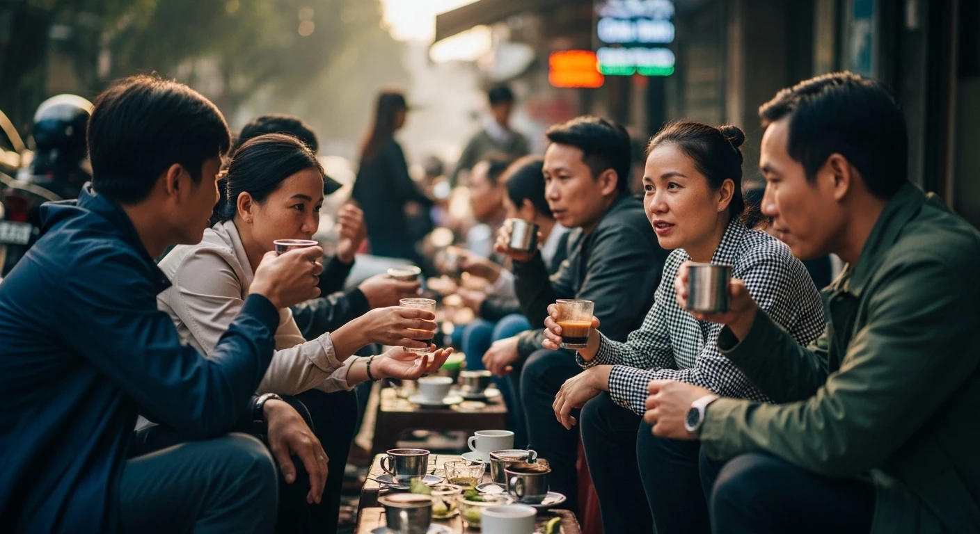 People sitting at a street-side cafe in Vietnam, enjoying coffee.