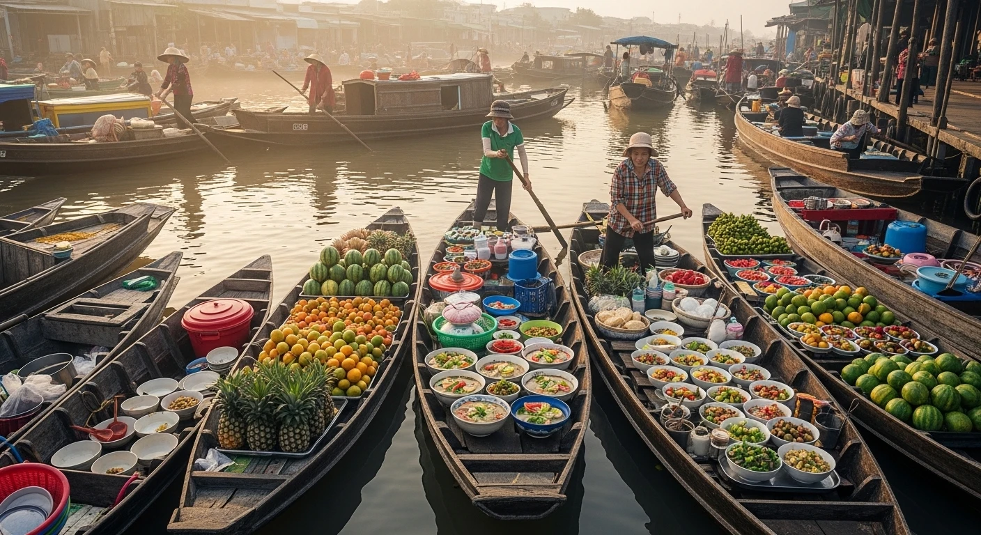 Early morning scene at Cai Rang Floating Market with boats and vendors