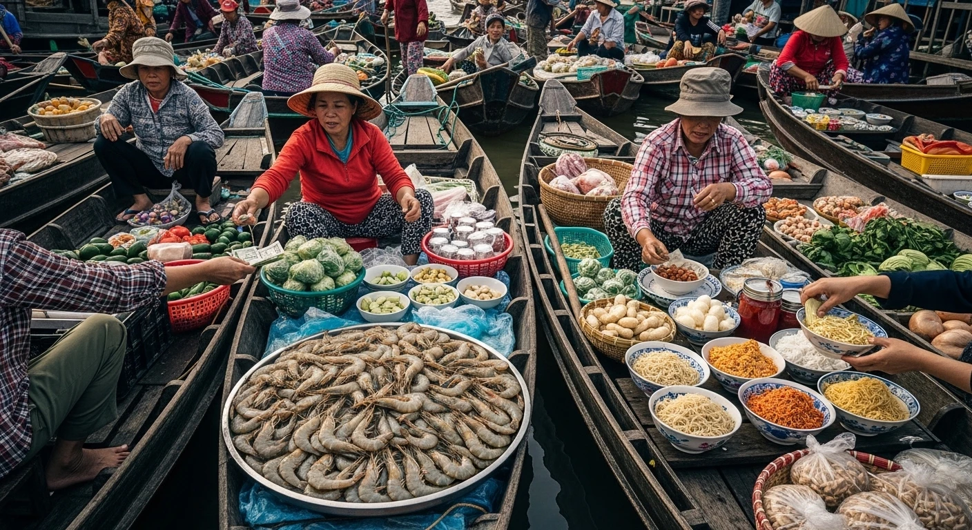 A bustling Mekong Delta floating market with vendors selling fresh shrimp and produce