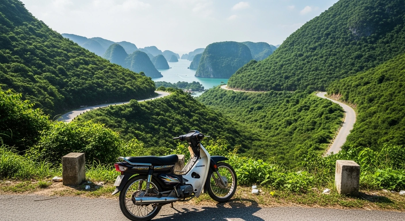 A motorbike parked on a scenic road overlooking Cat Ba Island's lush green hills and a glimpse of the sea