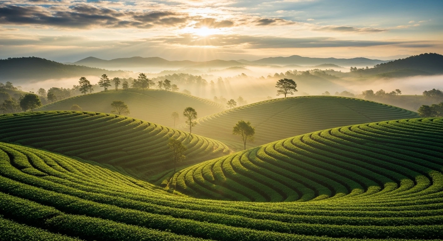 Sunrise over Cau Dat Tea Hill, Da Lat, with clouds enveloping the tea terraces