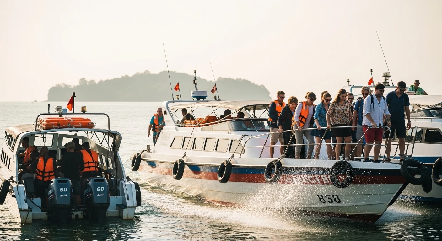 A group of tourists boarding a speedboat at a pier near Hoi An, with Cham Island visible in the distance