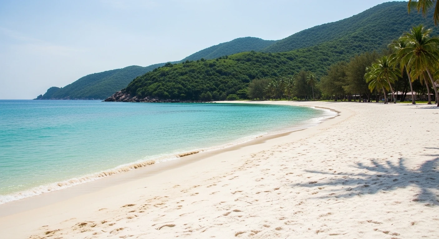 A pristine white-sand beach on Cham Island with clear turquoise water and lush green hills in the background