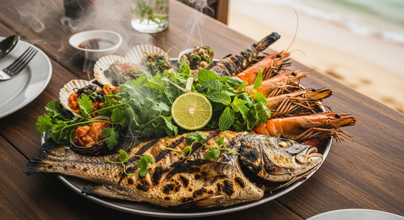 A colorful array of fresh seafood laid out on a table at a beachside restaurant on Cham Island, ready to be grilled