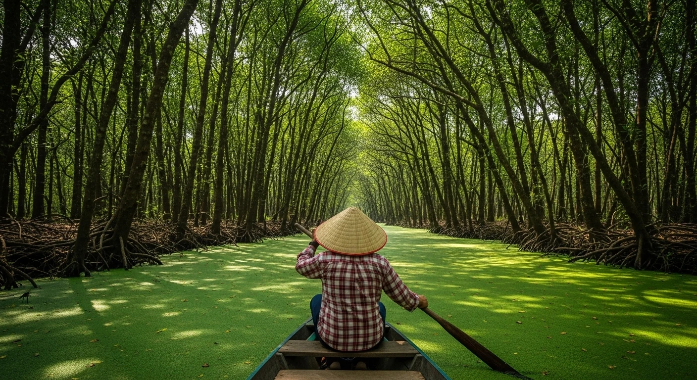 A small wooden rowboat navigating through the dense, bright green duckweed covering the water in Tra Su Cajuput Forest