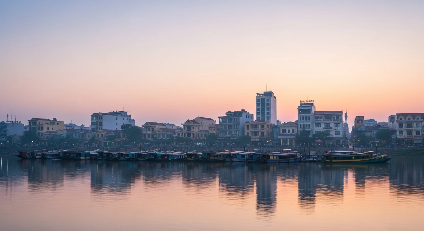 Panoramic view of Chau Doc town along the Mekong River, with boats docked and buildings lining the waterfront