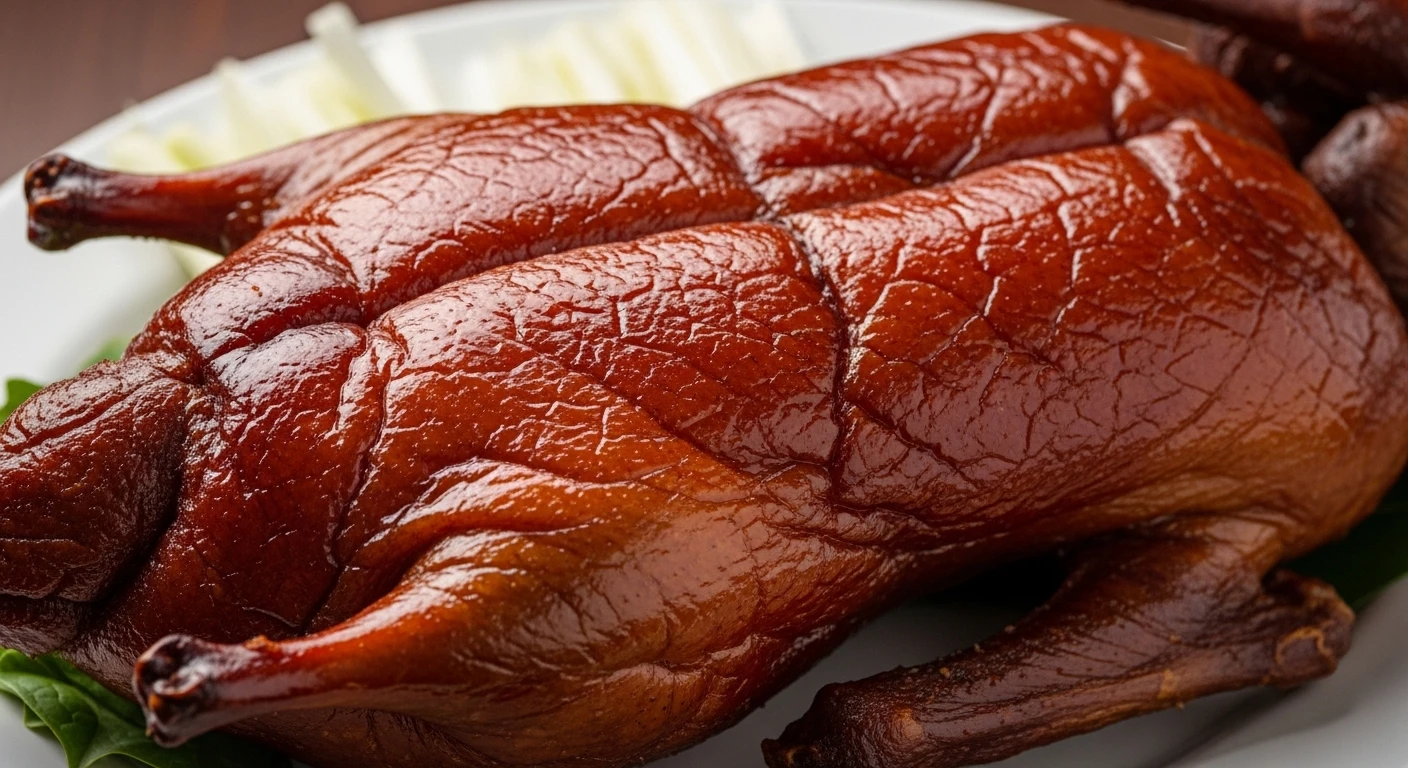 A close-up of a perfectly roasted Peking duck, glistening with crispy skin