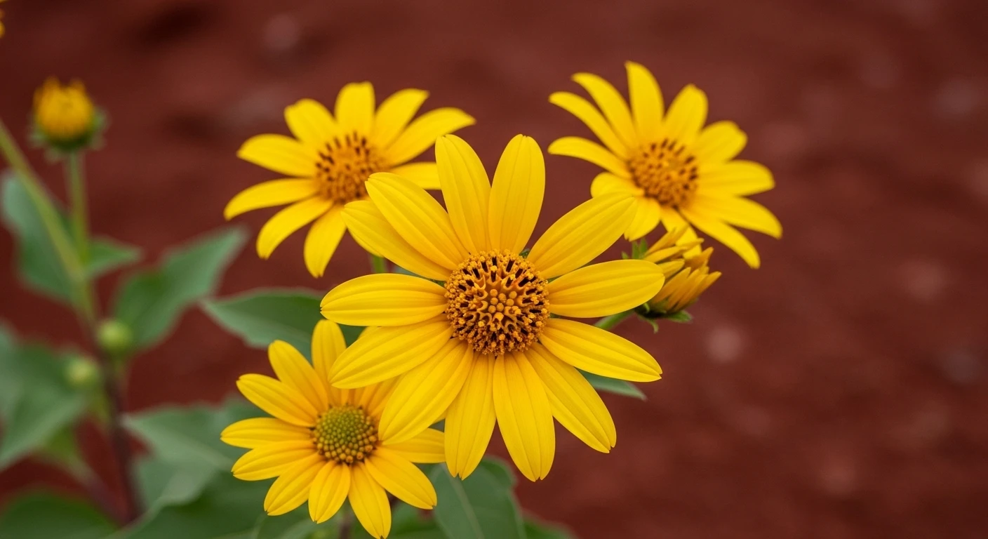 Close-up of wild yellow sunflowers blooming on the red soil of Chu Dang Ya volcano