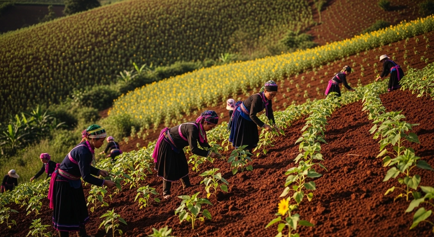 Local farmers tending to their crops on the red soil of Chu Dang Ya volcano