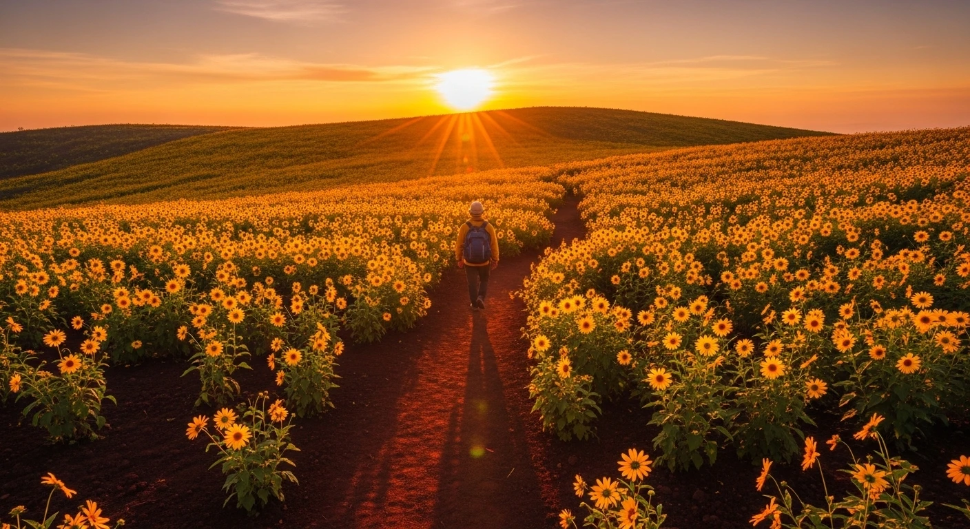 A lone figure walking through the sea of sunflowers on Chu Dang Ya volcano at sunset