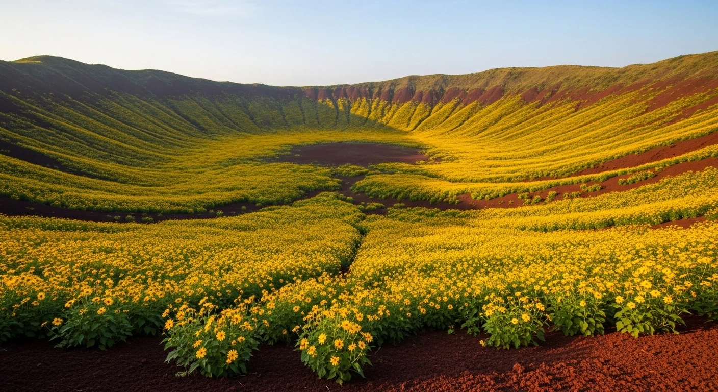 Panoramic view of Chu Dang Ya volcano crater filled with vibrant yellow wild sunflowers