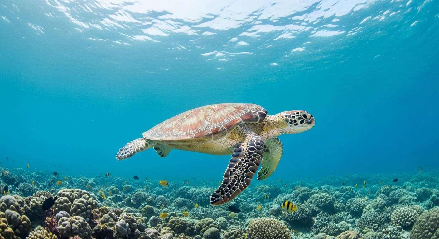 A green sea turtle swimming gracefully in clear blue water near Con Dao