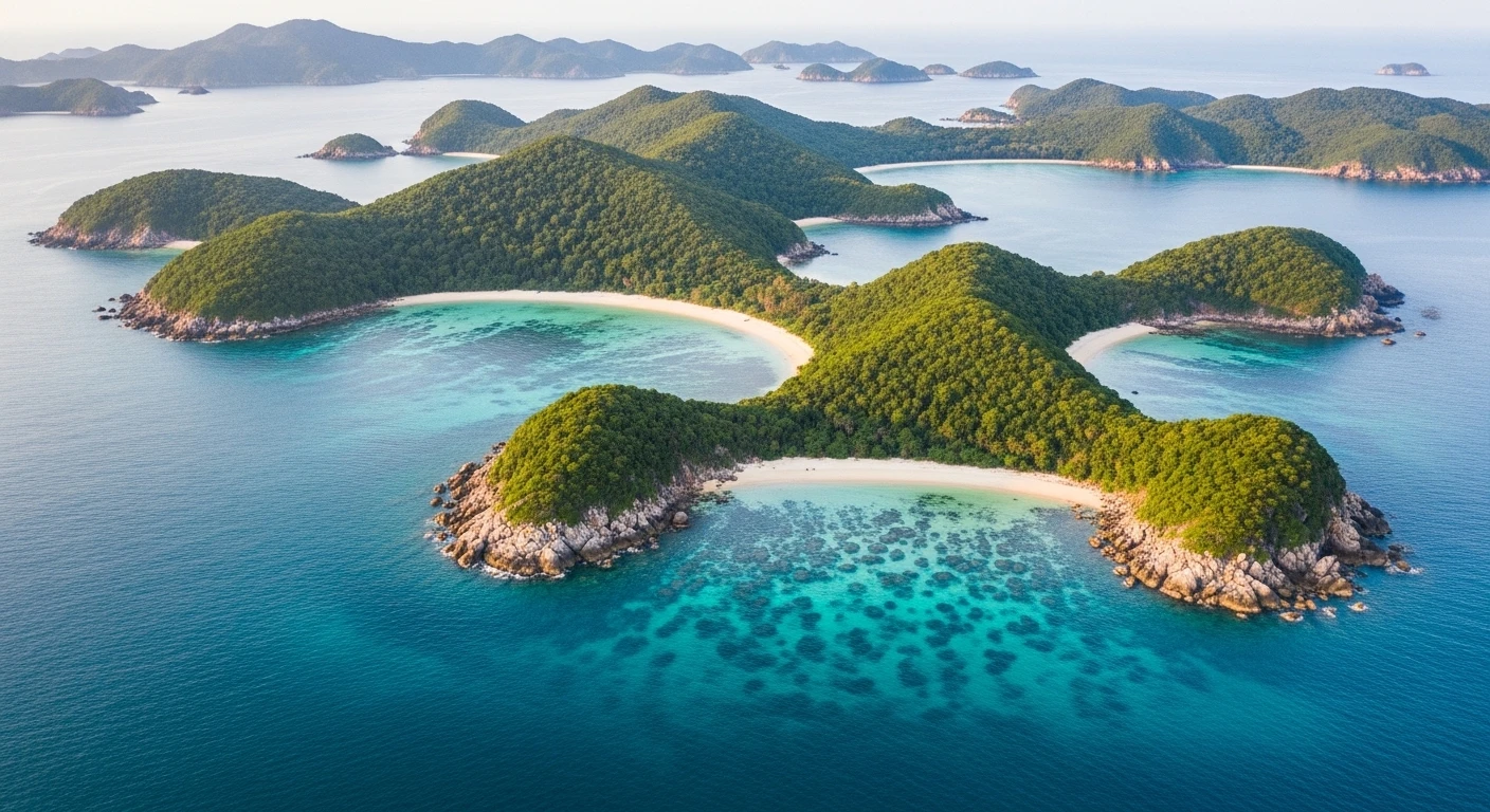 A tranquil view of Con Dao islands with clear blue water and lush green hills