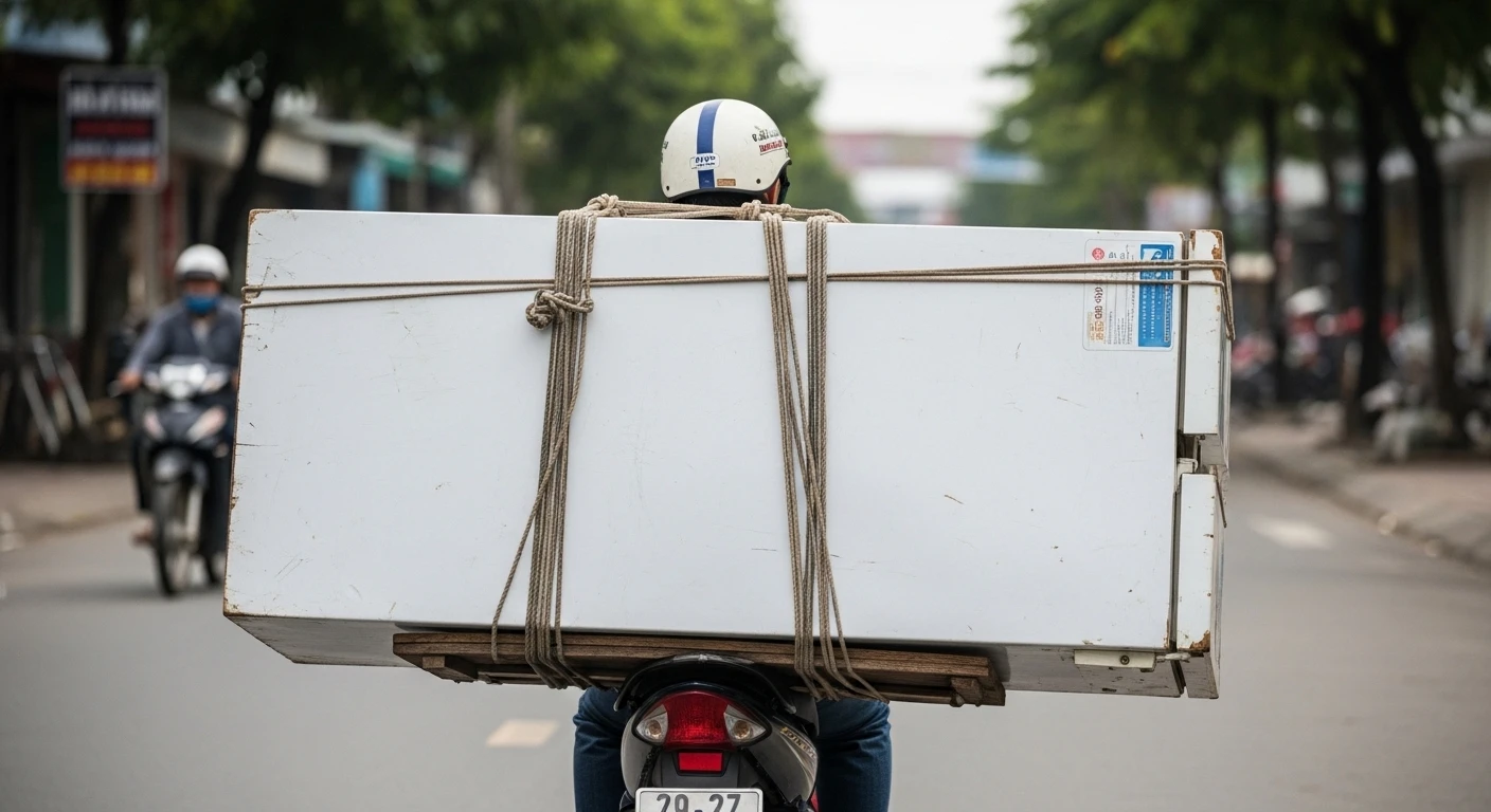 A motorbike carrying a large refrigerator, strapped to its back and sides