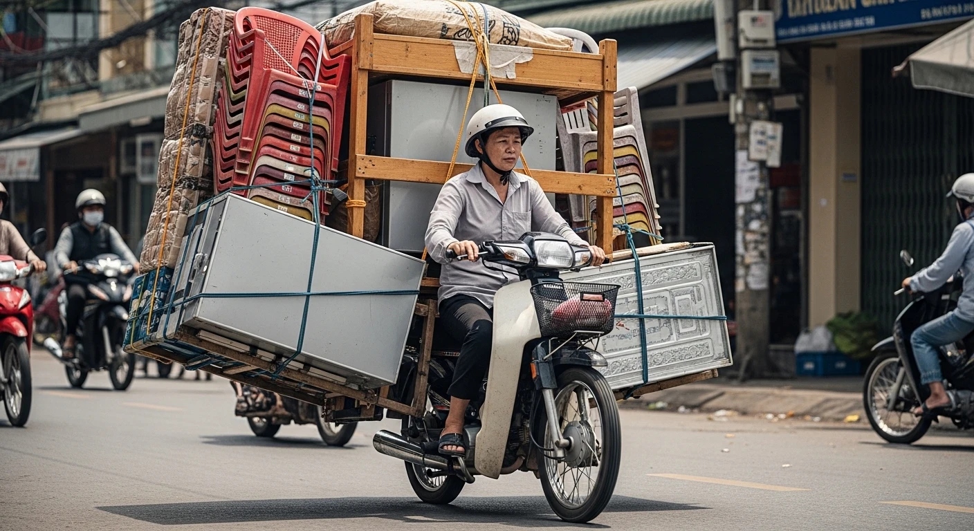 A motorbike in Vietnam carrying an impossibly large load of goods