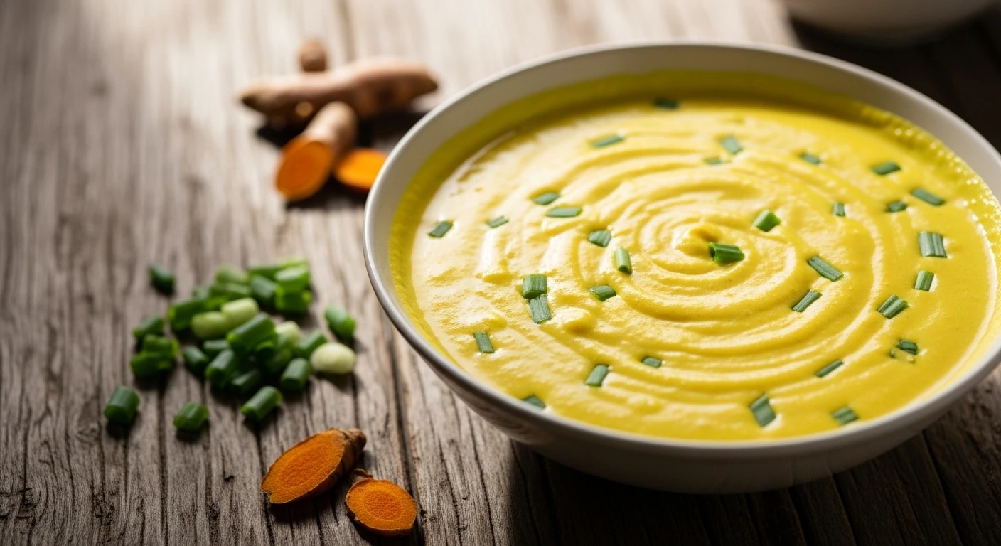 A bowl of golden Banh Xeo batter with chopped green onions