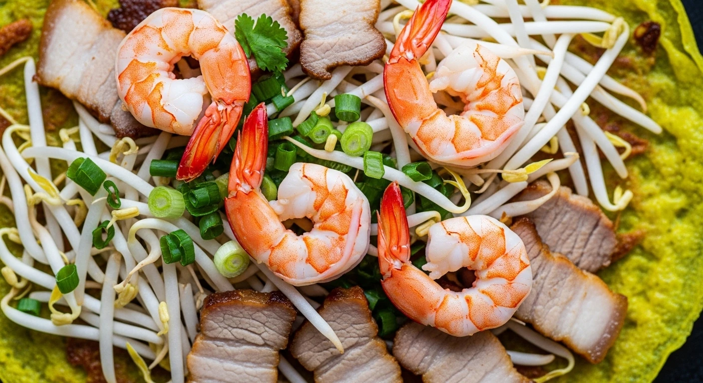 A close-up of cooked Banh Xeo fillings: shrimp, pork, and bean sprouts