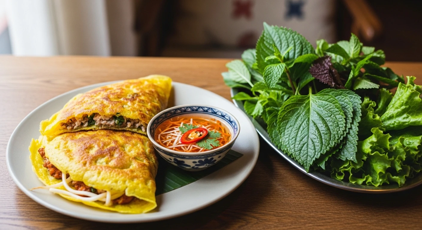 A beautifully plated Banh Xeo served with fresh herbs and dipping sauce