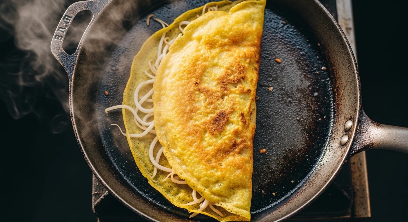 A perfectly crispy Banh Xeo being folded in a pan