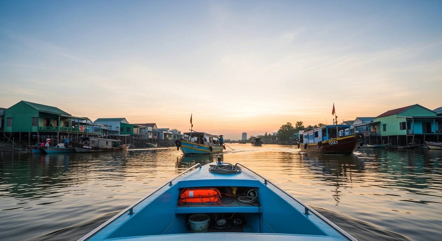 Luxury speedboat slicing through the Saigon River at dawn, with the city skyline in the background