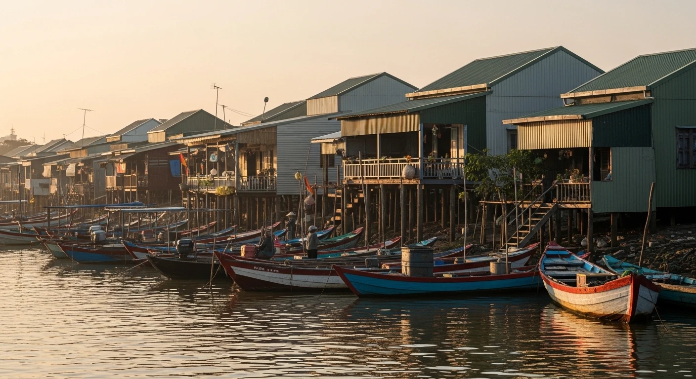 Traditional Vietnamese stilt houses and small boats lining the Saigon River bank