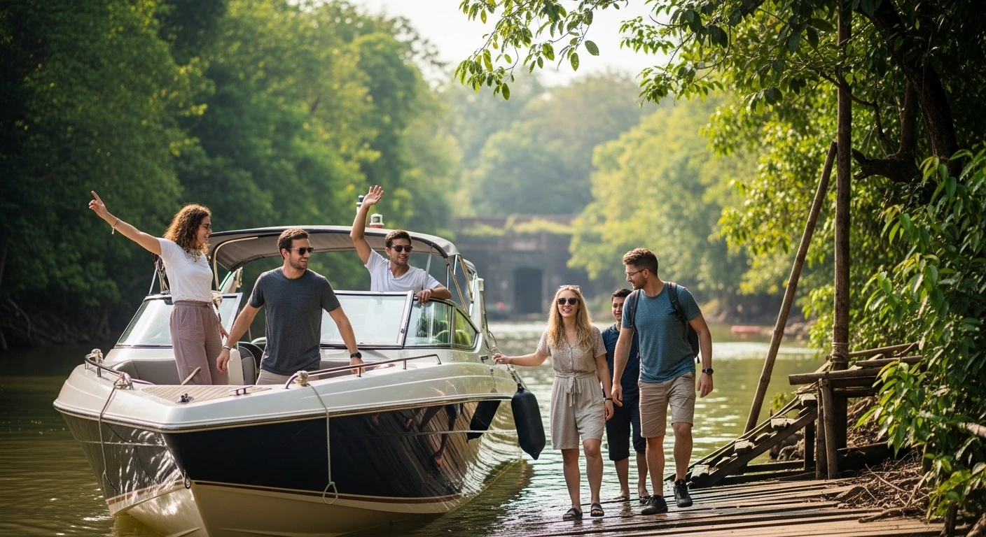 A group of travelers exiting a speedboat near the Cu Chi Tunnels entrance, looking excited
