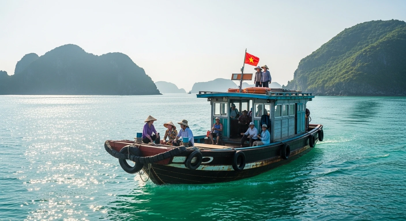 A traditional wooden ferry navigating the turquoise waters towards Cu Lao Xanh island
