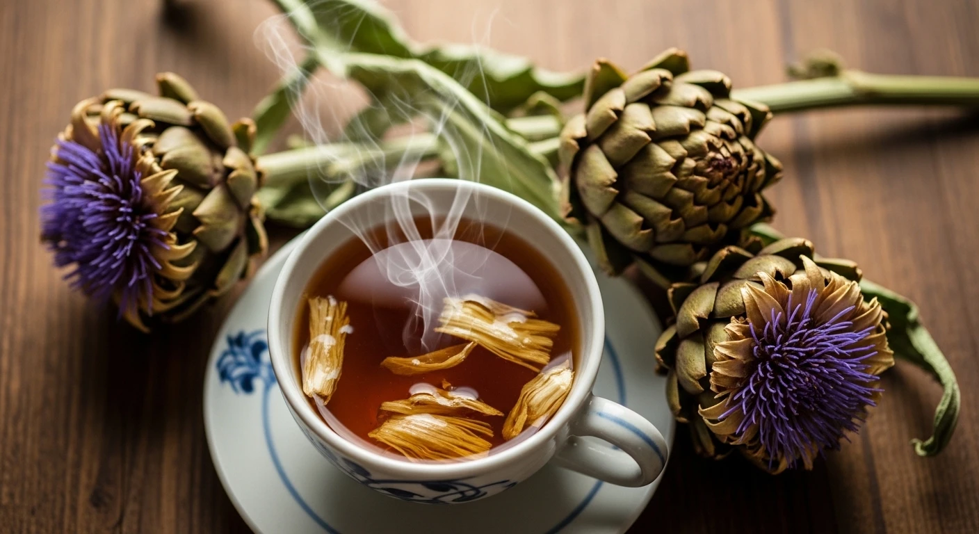 A steaming cup of Vietnamese artichoke tea with dried artichoke flowers and leaves
