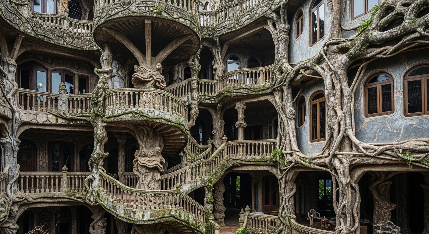 Close-up of the exterior of the Crazy House, showing its organic, gnarled architectural style