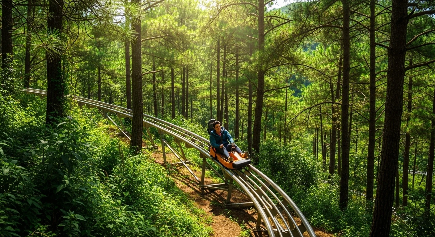 A person riding the alpine coaster at Datanla Waterfall, speeding through a dense forest