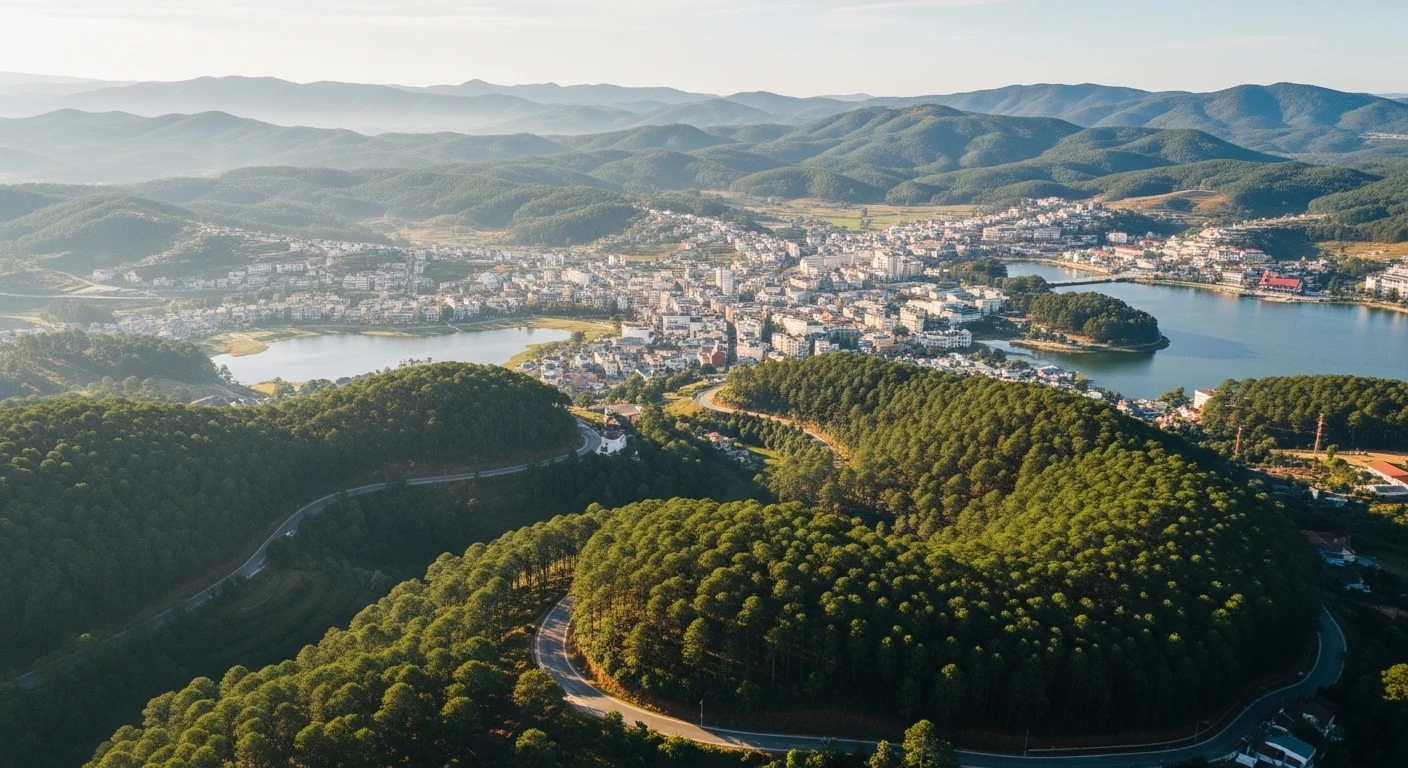 Aerial view of Da Lat city surrounded by pine forests and lakes
