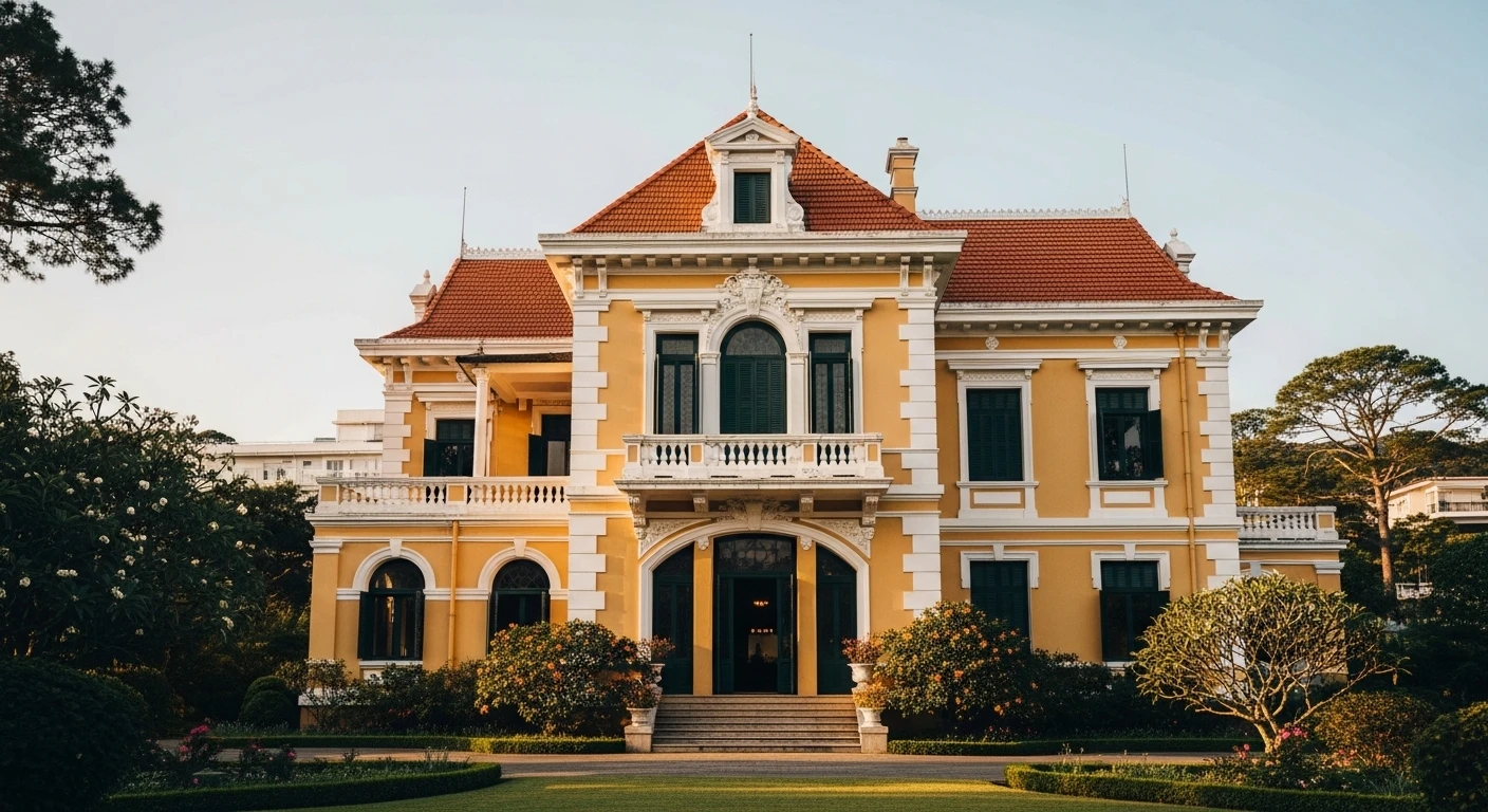A classic French colonial villa in Da Lat with a red-tiled roof and intricate details
