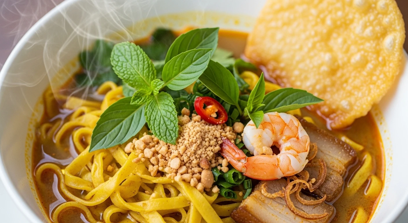 A steaming bowl of Mi Quang noodles with fresh herbs and a garnish of peanuts and crispy cracker