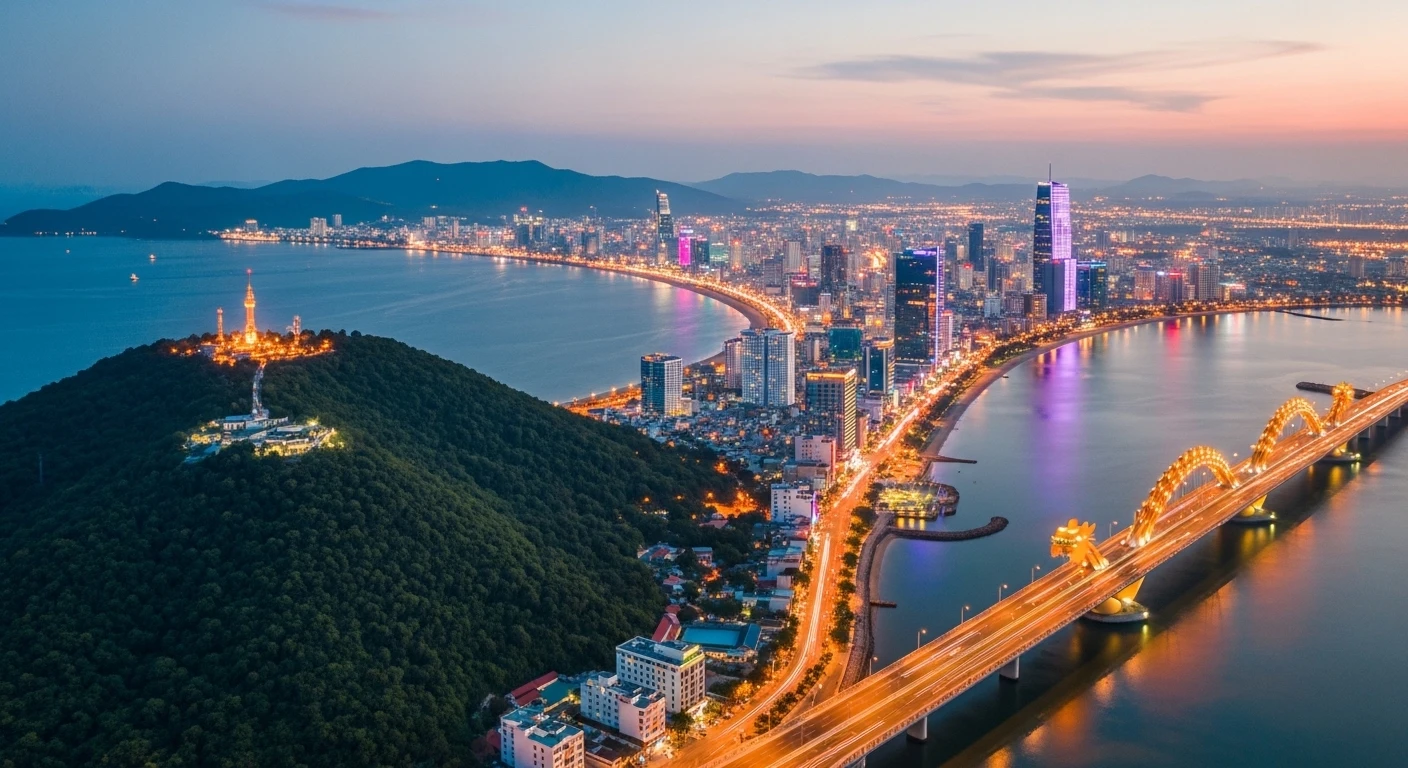 Panoramic view of Da Nang city skyline with the Dragon Bridge and Son Tra Peninsula in the background