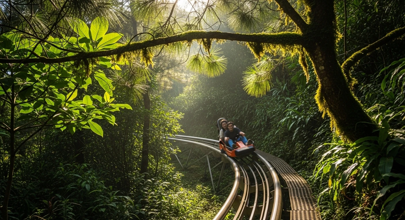 A close-up of an alpine coaster cart speeding along the track, surrounded by dense green jungle foliage