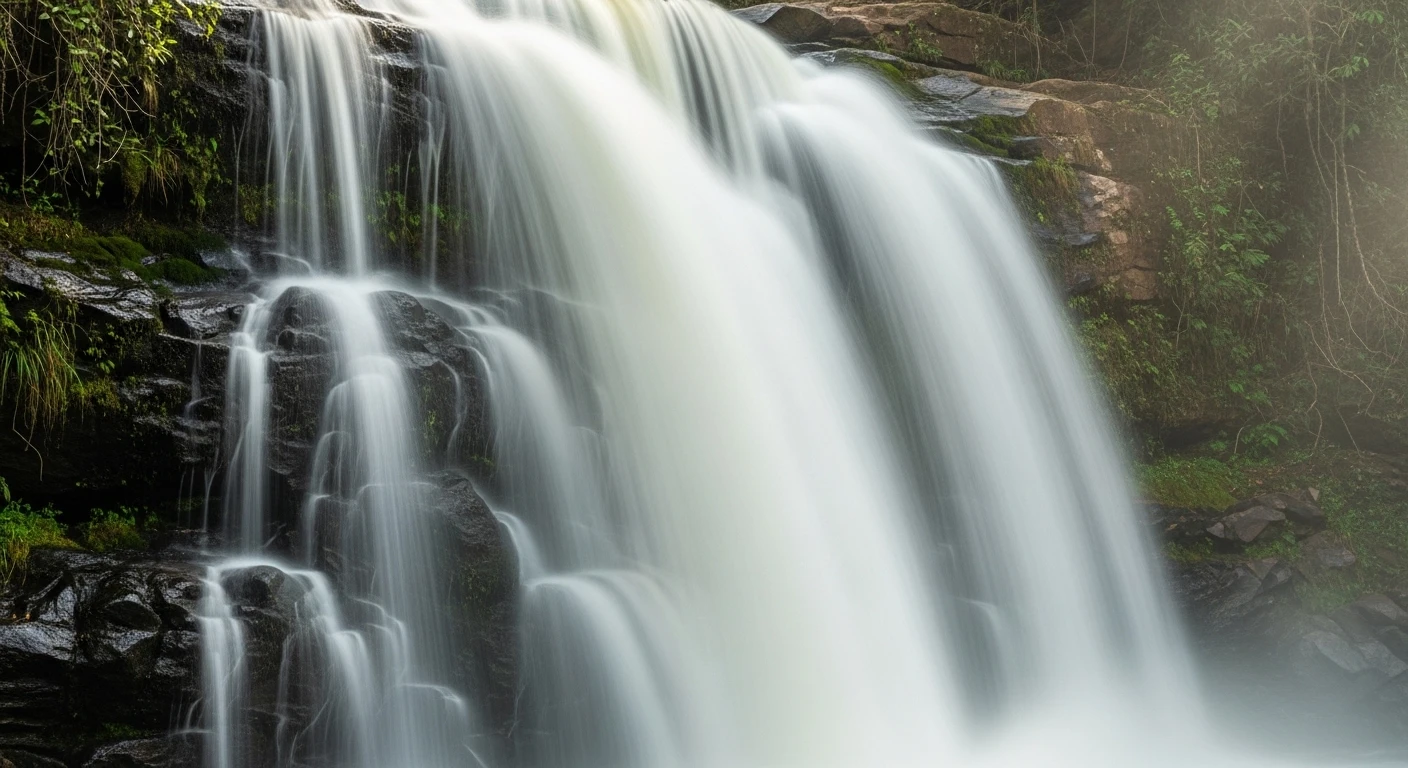 The powerful cascade of Datanla Waterfall, with mist rising and sunlight glinting off the water