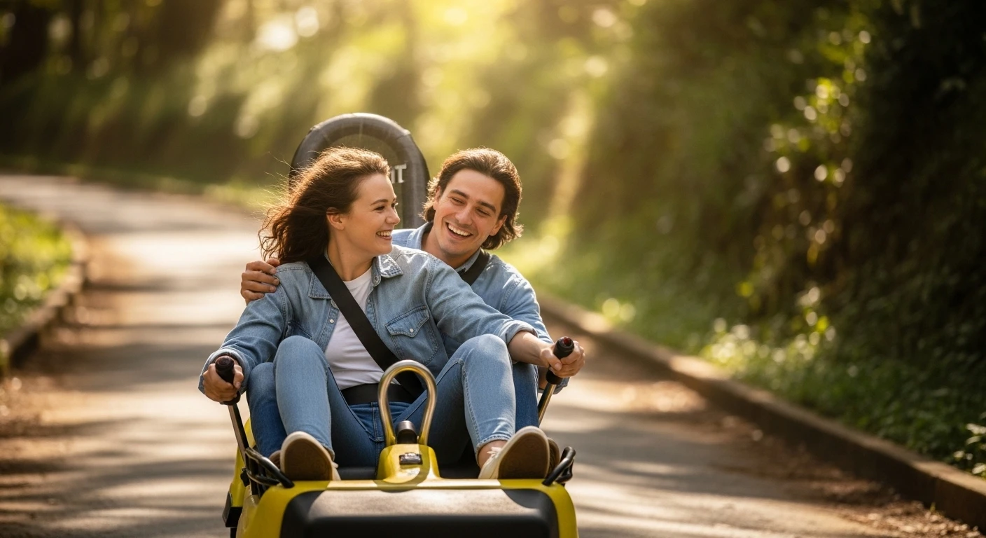 Two people in an alpine coaster cart smiling as they ride through a sun-dappled jungle path