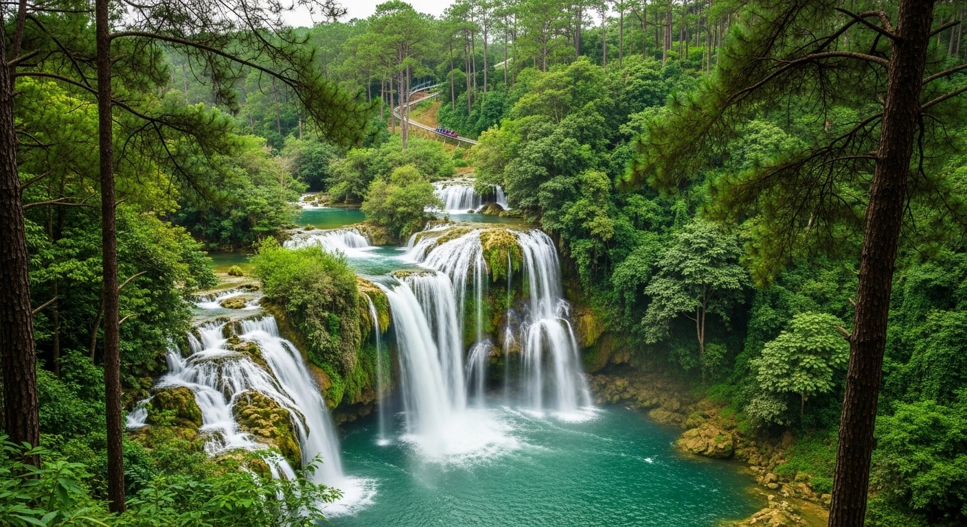Panoramic view of Datanla Waterfall with lush green surroundings and a hint of the alpine coaster track winding through the trees