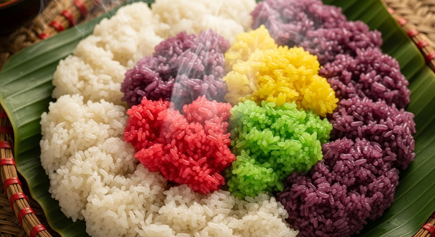 A close-up of vibrant five-color sticky rice (Xoi Ngu Sac) arranged beautifully.