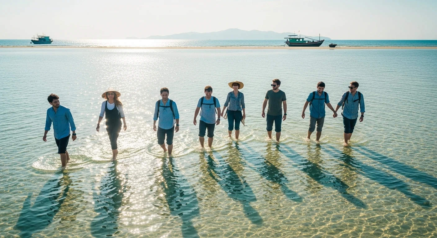 People walking on the Diep Son Island sandbar with shallow water around them