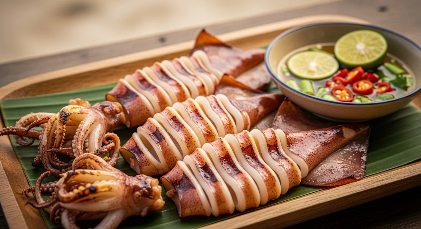 A close-up of grilled half-dried squid served with a lime and chili dipping sauce