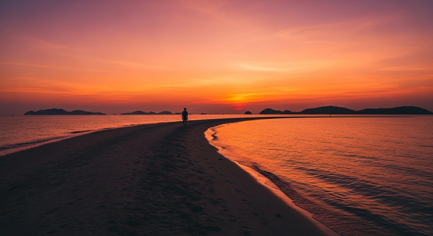 A person silhouetted against a sunset while standing on the Diep Son Island sandbar