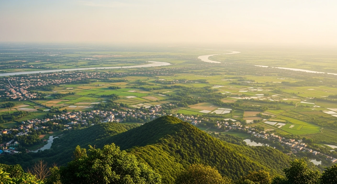 Panoramic view from Chau Thoi Mountain overlooking the Mekong Delta landscape.