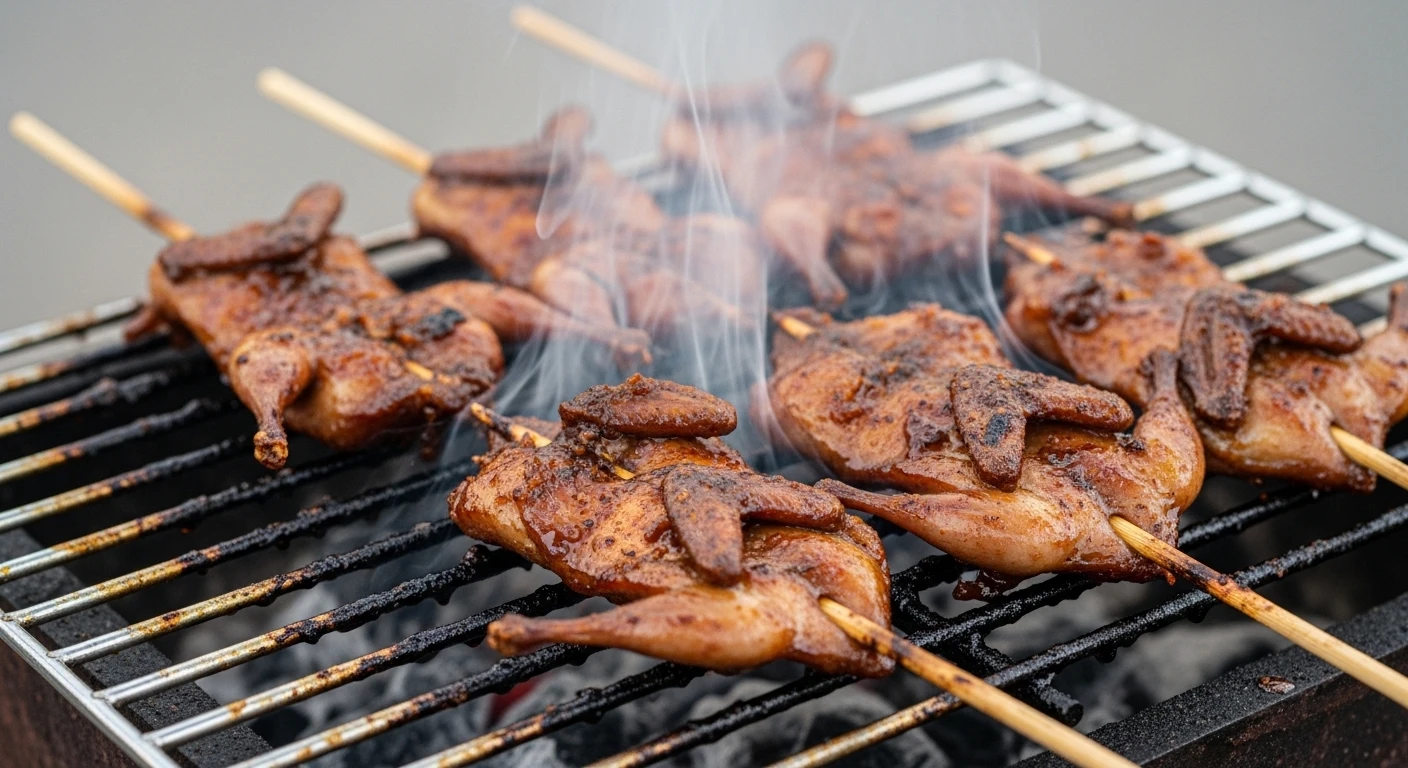 Close-up of crispy roasted quail on a charcoal grill, glistening with marinade.