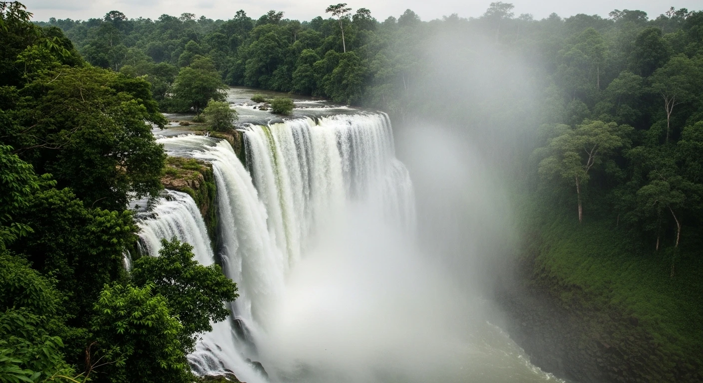 The majestic Dray Sap Waterfall shrouded in mist, with lush green jungle surrounding it.