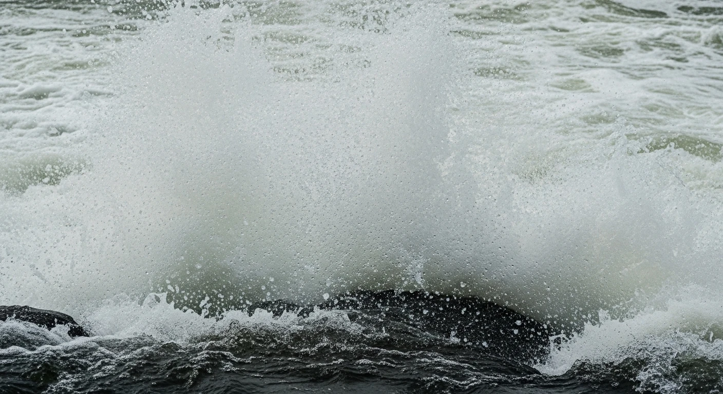 Close-up of the powerful Srepok River water crashing over the rocks at Dray Sap Waterfall, creating immense spray.