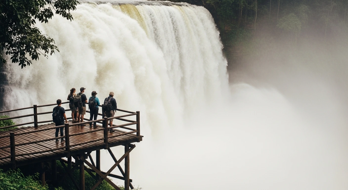 A visitor stands on a sturdy, rustic wooden platform near Dray Sap Waterfall, feeling the immense spray.