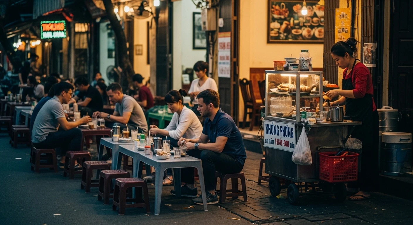 A street scene in Hanoi's Old Quarter, with people sitting at small tables enjoying coffee and street food.