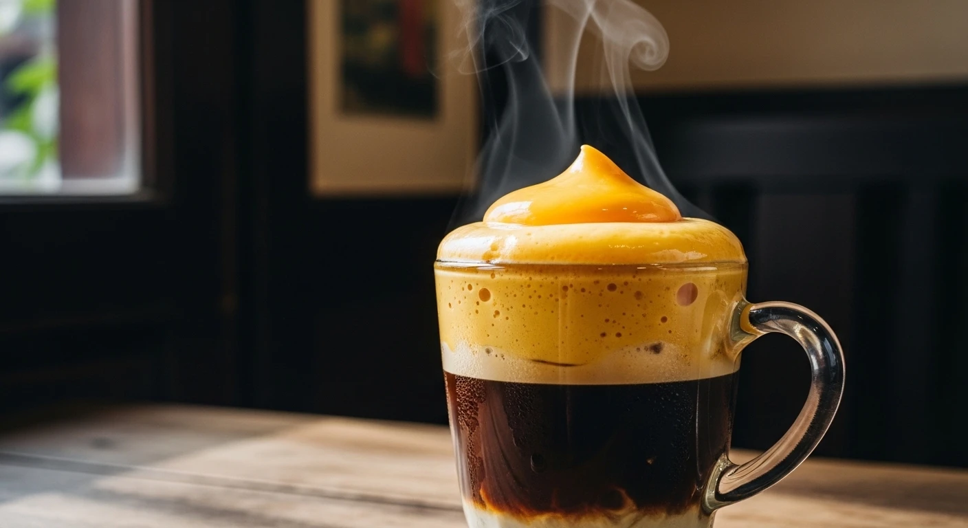 A steaming cup of Vietnamese egg coffee with a thick, frothy, golden-yellow top layer, set against a rustic Hanoi backdrop.