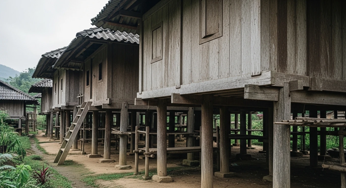 Traditional stilt houses of an ethnic minority village in the Vietnamese Central Highlands